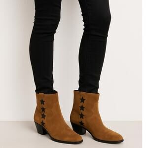 Saint Laurent YSL Rock Star Suede Ankle Boots 38 US 8 Tan Western Star Black